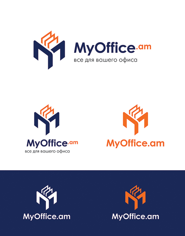 Здравствуйте!
Идея логотипа:
1. Стилизованное изображение буквы М
2. Отразить деятельность компании начиная от расходных материалов (бумаги) до оргтехники (пример принтер). Логотип для сайта myoffice.am