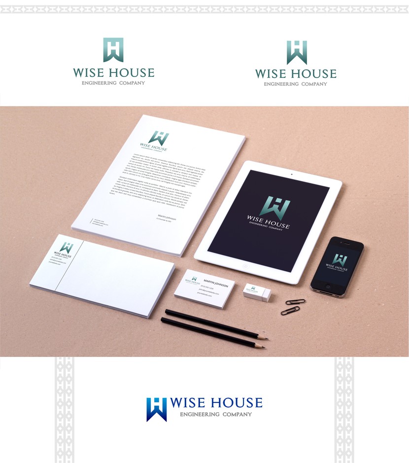 Логотип состоит из  W (низ логотипа) & H (сердцевина). Также предоставлен паттерн из лого.  2 варианта использования: сверху и сбоку. - Создание фирменного стиля для инженерной компании “Wise House”