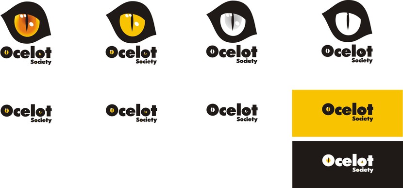 Внимательный глаз (оцелота), ассоциации - взгляд, видео, загадочность, внимание. Разная степень детализации в цветном и ч/б вариантах. Возможно использование только названия, где тоже присутствуют глаза. - Логотип для парижской студии разработки видеоигр Ocelot Society