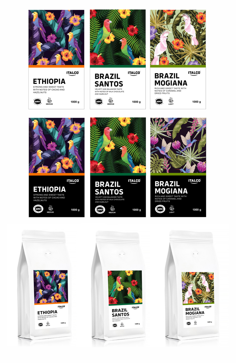 Разработка дизайна 3 этикеток на кофе в зёрнах ITALCO 100% АРАБИКА для Wildberries  -  автор EVGENIA ZHURANOVA