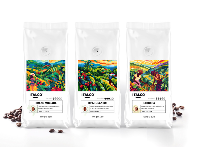 Разработка дизайна 3 этикеток на кофе в зёрнах ITALCO 100% АРАБИКА для Wildberries  -  автор Дизайныч и Бегемот