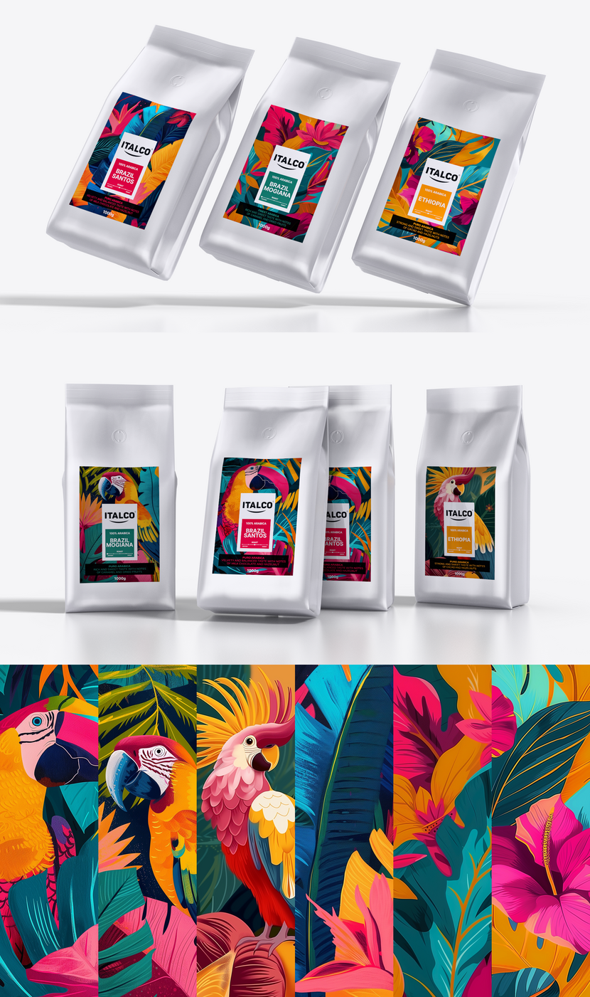 Иллюстрации собственные. Не клипарт) - Разработка дизайна 3 этикеток на кофе в зёрнах ITALCO 100% АРАБИКА для Wildberries
