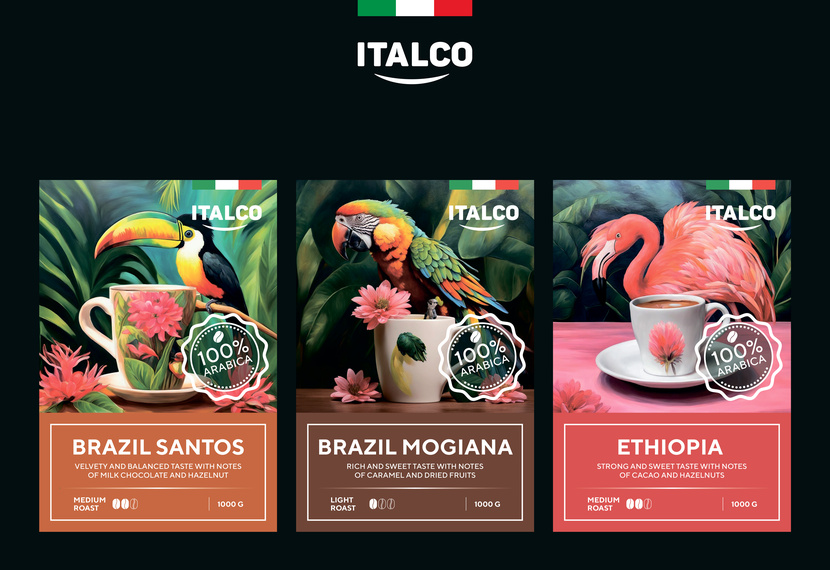 + - Разработка дизайна 3 этикеток на кофе в зёрнах ITALCO 100% АРАБИКА для Wildberries