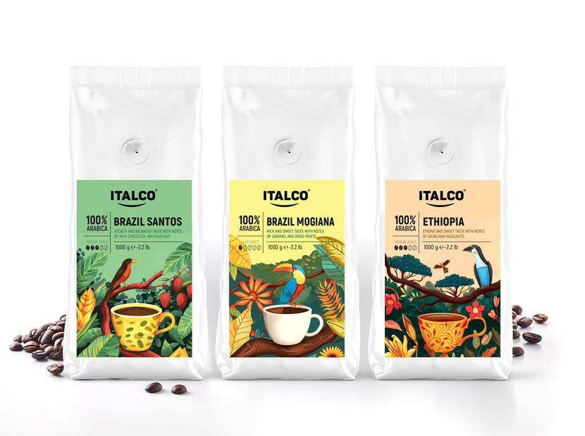 Разработка дизайна 3 этикеток на кофе в зёрнах ITALCO 100% АРАБИКА для Wildberries  -  автор Дизайныч и Бегемот