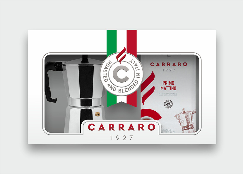 Вариант-1 Дизайн кофейного универсального подарочного набора CARRARO среднего ценового сегмента