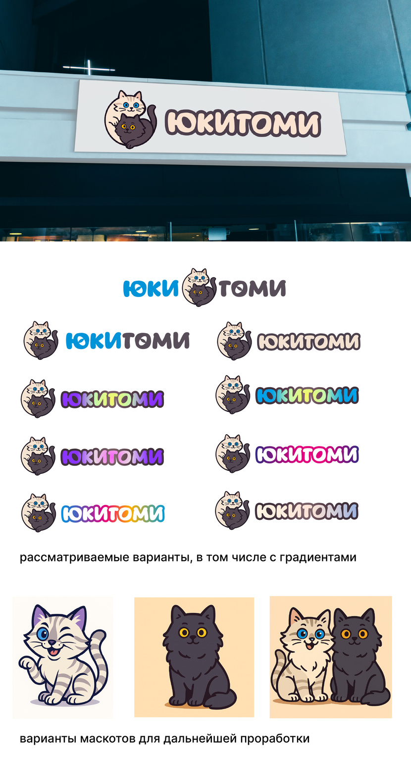 Здравствуйте! Приблизила логознак к маскотам, сделала шрифтовую часть более контрастной - Создание логотипа для магазина ЮКИТОМИ