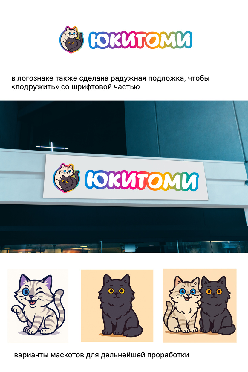 Здравствуйте! Увеличила знак до размера шрифта и сделала подложку. Это третья загрузка, больше в рамках конкурса правок сделать не получится, только после выбора в рабочей области - Создание логотипа для магазина ЮКИТОМИ