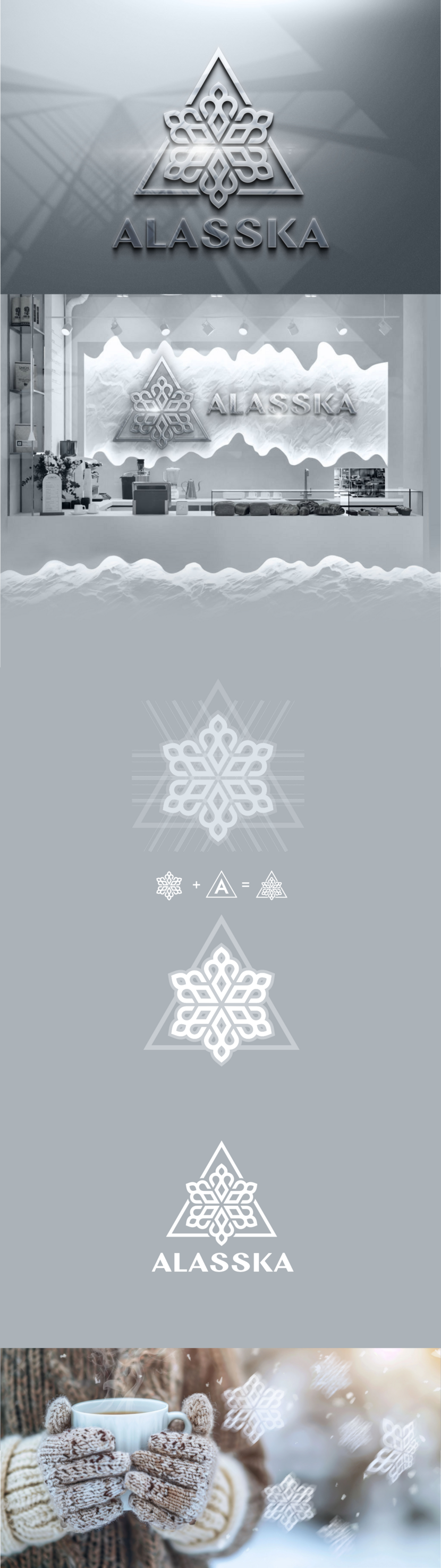 Alasska, с двумя ss, по аналогии Россия, русская (так хочется верить) . Как известно двух одинаковых снежинок не бывает. Поэтому это попытка объединить в снежинке два орнамента русский и народов севера. - Разработка логотипа для кафе