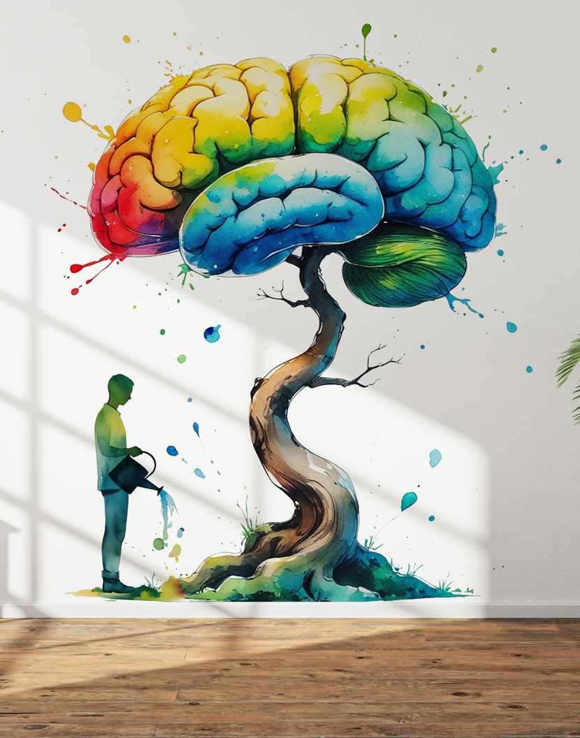 Этот концепт графити - метафорическое выражение того, как забота, уход и терпение приводит к тому, что особенные дети могут вырасти яркими и успешными. И эта работа с ними даёт небыстрый, но прогресс и рост (как и дерево: медленно, но растёт). Если регулярно "поливать" и не сдаваться, то со временем увидишь прогресс. Мотивационный рисунок на лестничных пролетах