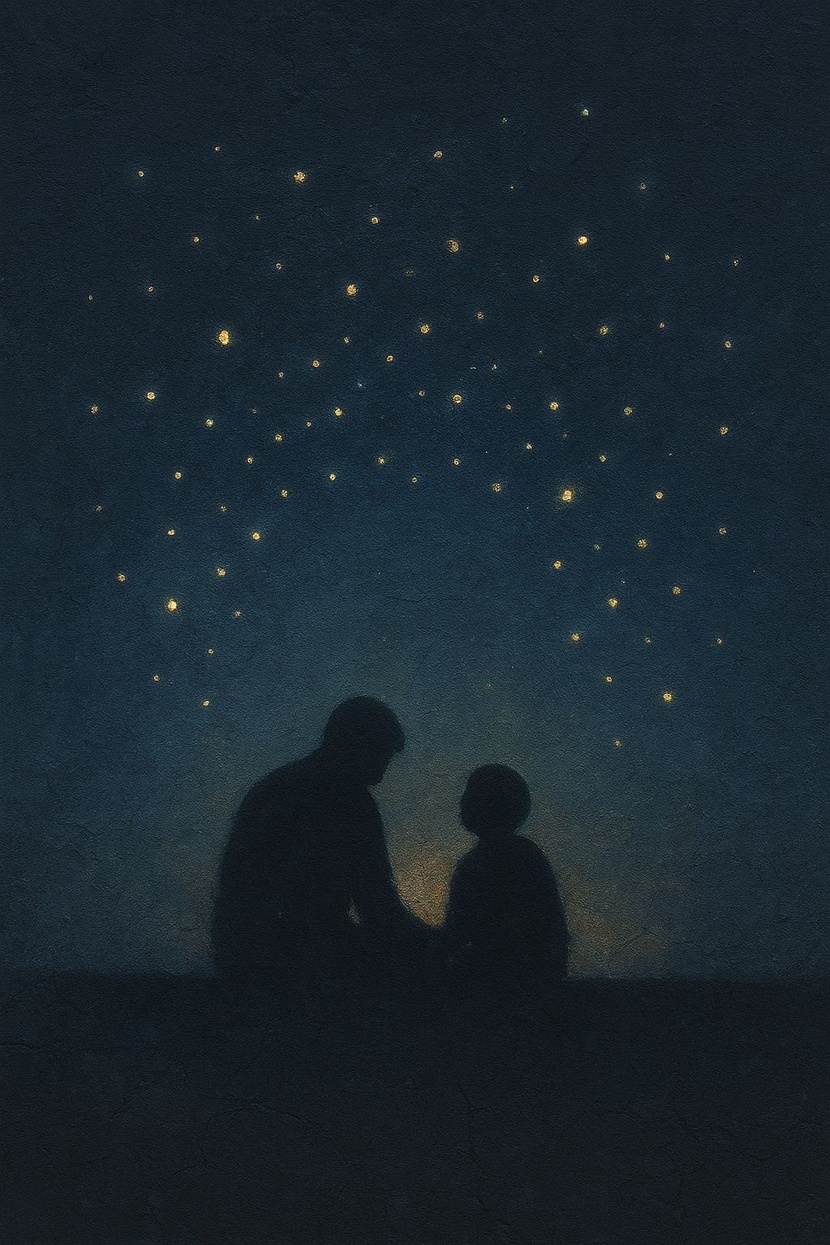 3 вариант.Концепция "НОЧЬ И ЗВЕЗДЫ".Два силуэта — поддержка и связь (может быть отец и сын, а может просто двое).
Огоньки — мысли, память, свет жизни, надежда 
Тишина и небо — то пространство, где всё ещё может быть продолжение. Мотивационный рисунок на лестничных пролетах