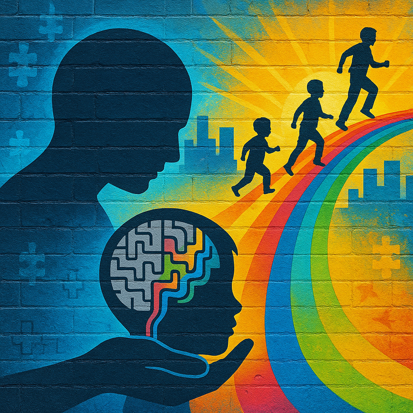 Будущее ребёнка рождается из труда, веры и любви родителей. Каждый день усилий приближает его к радуге - к жизни без границ. Мотивационный рисунок на лестничных пролетах