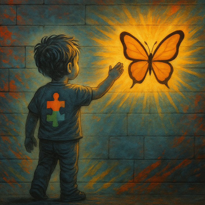 На стене изображён маленький мальчик, стоящий перед сияющей бабочкой. Его рука тянется к свету, будто он чувствует - прикоснись, и мир станет чуть теплее, чуть понятнее. На его футболке - символ пазла, напоминающий, что каждый ребёнок особенный, и иногда, чтобы понять его, нужно просто подобрать свой ключ - с любовью и терпением.

Бабочка здесь - не просто образ красоты. Это символ свободы, роста, трансформации. Она олицетворяет надежду. Свет, исходящий от бабочки, уже разрушает тьму вокруг.

В этом граффити нет жалости - есть сила, нежность и вера. Вера в то, что каждый ребёнок может раскрыться, стоит лишь увидеть в нём не проблему, а чудо. Мотивационный рисунок на лестничных пролетах