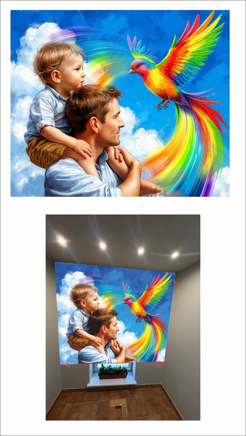 Добрый день!
Идея картинки: Птица, свободно парящая в небе, символ победы над недугом. Энергия родителей, направленная на результат, передается ребенку через птицу в виде радужного шлейфа.
Общая цветовая гамма позитивная, яркая, доброжелательная. Мотивационный рисунок на лестничных пролетах