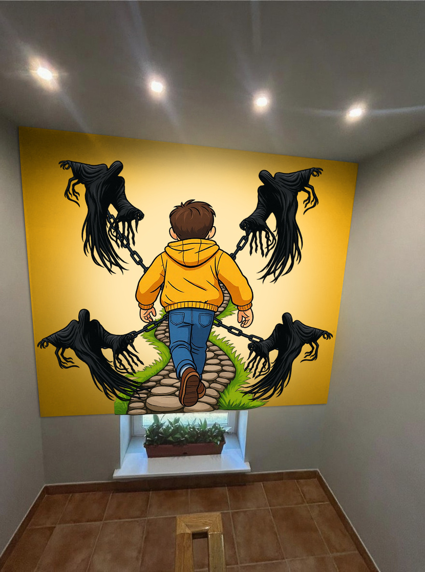 Мальчик прорывается к своей цели, несмотря на то, что завистливые сущности пытаются преградить ему путь. Не хотелось копировать свой собственный макет из вашего ТЗ, которое мы с вами разрабатывали ранее. Версия будет дополняться деталями при желании Мотивационный рисунок на лестничных пролетах