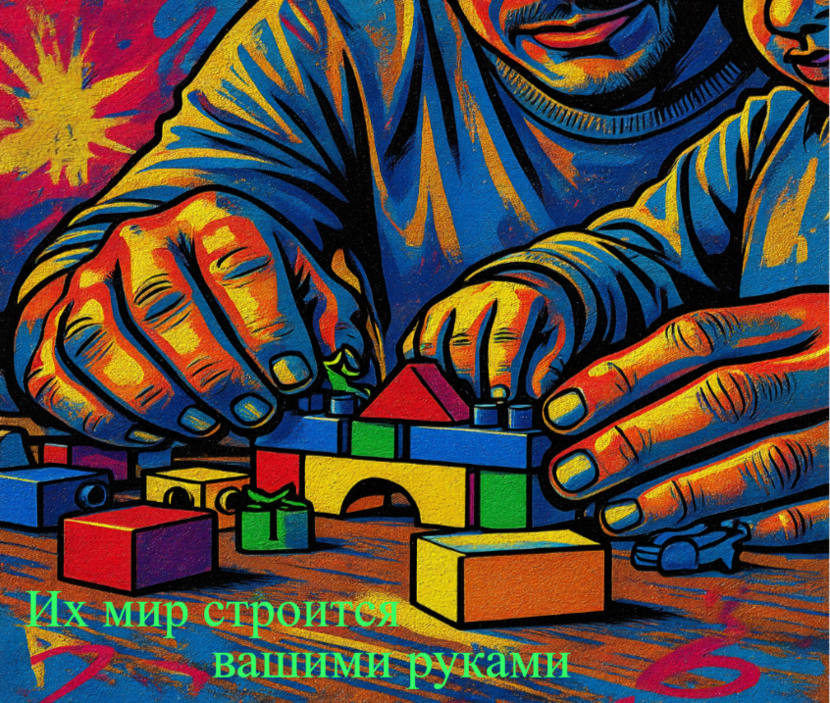 ИХ МИР СТРОИТСЯ ВАШИМИ РУКАМИ. КАЖДЫЙ ДЕНЬ. КАЖДЫЙ УСИЛИЕ.

Почему это работает:

Показывает родителю его ключевую роль как «строителя» будущего ребенка.

Метасообщение: даже маленькие шаги (кубики) складываются в большой результат (замок).

Визуал метафоричен, но очень прост для понимания. Мотивационный рисунок на лестничных пролетах
