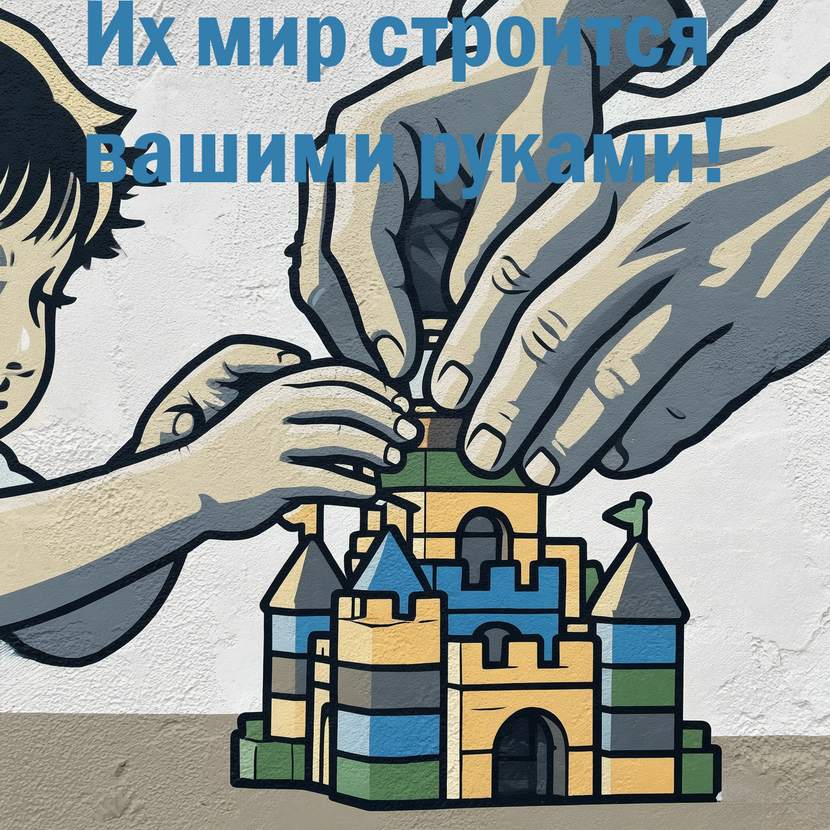 Показывает родителю его ключевую роль как «строителя» будущего ребенка.

Метасообщение: даже маленькие шаги (кубики) складываются в большой результат (замок).

Визуал метафоричен, но очень прост для понимания. Мотивационный рисунок на лестничных пролетах