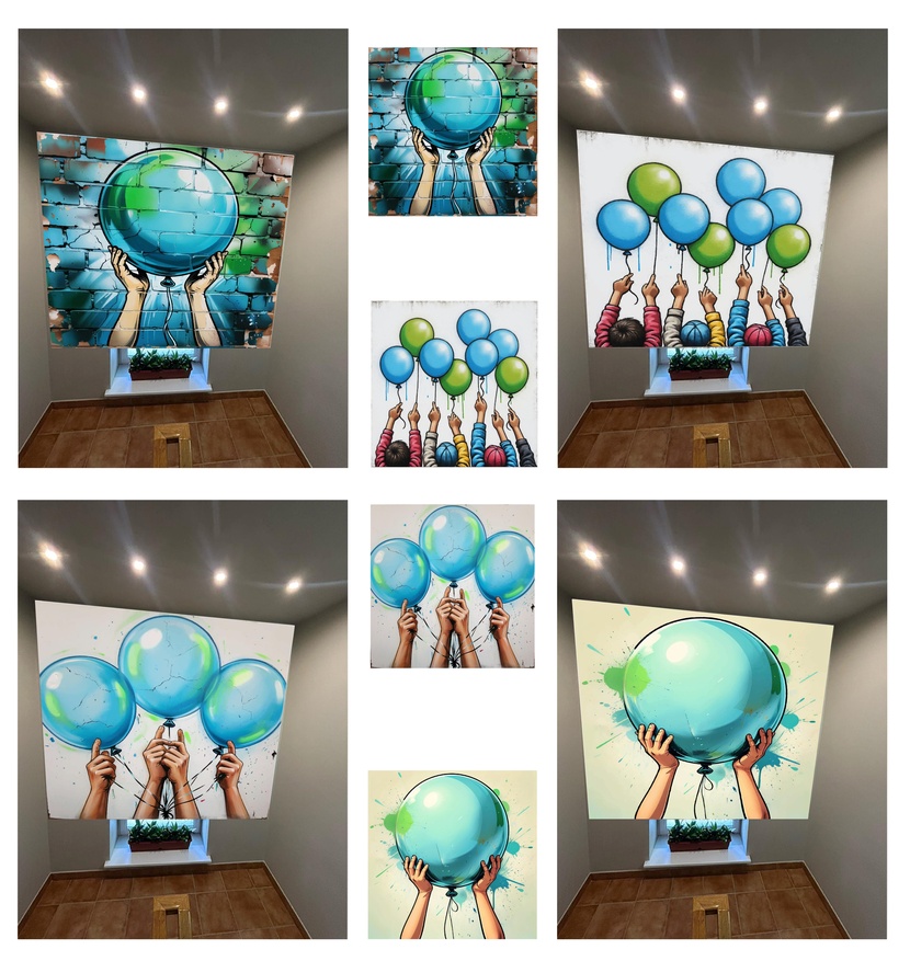 Руки, держащие воздушные шары,интерпретировано как символ надежды и стремления к мечтам.,что вдохновляет людей на достижение своих целей и веру в лучшее будущее. Мотивационный аспект заключается в стремлении людей к своим мечтам и достигать их, несмотря на трудности. Чувство единства и стремления. Шары разных цветов (синий, зеленый) создают ощущение разнообразия и индивидуальности каждого ребенка. Шары символизируют мечты, цели и стремления, которые стремятся реализовать. Каждый человек может достичь своих целей, если будет стремиться к ним и прилагать усилия.  Важность поддержки и сотрудничества, так как дети вместе тянутся к своим мечтам. Шары имеют трещины, что может символизировать трудности и препятствия, с которыми сталкиваются люди на пути к своим целям. НО, эти трещины, шары остаются целыми и продолжают подниматься вверх, что символизирует стойкость и упорство в достижении цели, вдохновляя людей на действия. *Работы можно скорректировать по необходимости. Мотивационный рисунок на лестничных пролетах