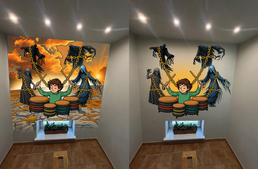 Мальчик играет на барабанах, и теперь он сковывает недуги внутри себя посредством музыки. Есть вариант сделать более мрачную версию в стиле Dark Fantasy. Прилагаю вариант с фоном и без Мотивационный рисунок на лестничных пролетах