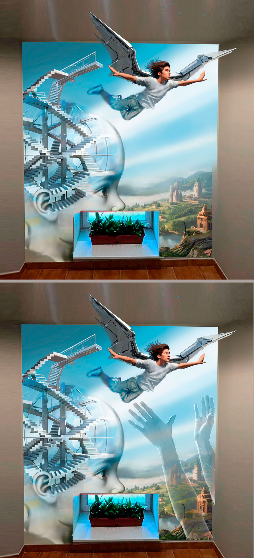 Выстроил композицию из смысловых элементов.  Выбрал колорит небесный-лёгкость восприятия и надежда, С оттенком технологий, что именно и позволяет говорить про результаты ,как о  закономерностях проводимых методик, а не как о случайностях.  Лабиринт, как аналогия с "запутанными" ,не ясными на первый взгляд особенностями и алгоритмами работы  мозга человека. Реализован в архитектурном стиле ,как тоже акцент на технологиях.  Пройдя этот лабиринт, есть возможность оказаться в том месте, откуда, человек может  начать свой жизненный полёт и увидеть и ощутить красоту этой жизни. ...не без помощи технологий и методик, на что указывают крылья выполненные рукотворно( как вариант крылья птицы,, но есть перекликание с крыльями ангела, что не желательно. Хотя ,можно найти подход в изображении и стилистике) Можно попробовать ввести в композицию родителя, на второй картинке его символизируют руки.  Можно на  летательном аппарате целую семью изобразить, но такие нюансы надо с вами обсуждать. Мотивационный рисунок на лестничных пролетах