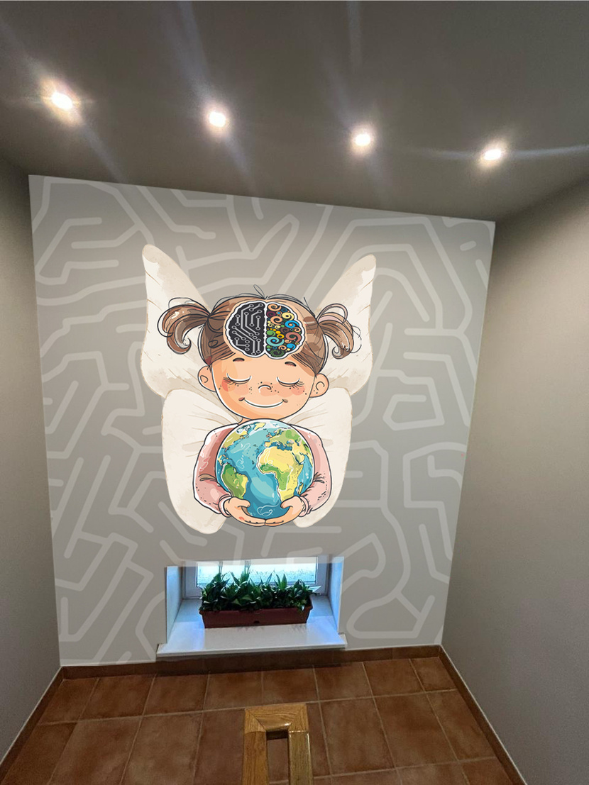 лабиринт на фоне символизирует трудный путь
крылья за спиной девочки - рост и развитие, защита, внутренняя трансформация
планета в руках девочки символизирует то,  в руках таких деток будущее планеты
изображение мозга девочки- указывает на особенности и подчеркивает разносторонность 
изображение в спокойных тонах- не вызывает тревог при просмотре, улыбающаяся девочка настраивает на позитив Мотивационный рисунок на лестничных пролетах