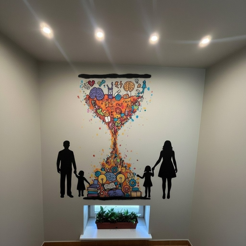 Образ песочных часов символ времени, которое требуется на восстановление когнитивных функций. из верхней часы часов перетекает вся боль и сложности в нижнюю чашу, превращаясь в возможности, новые навыки и знания Мотивационный рисунок на лестничных пролетах