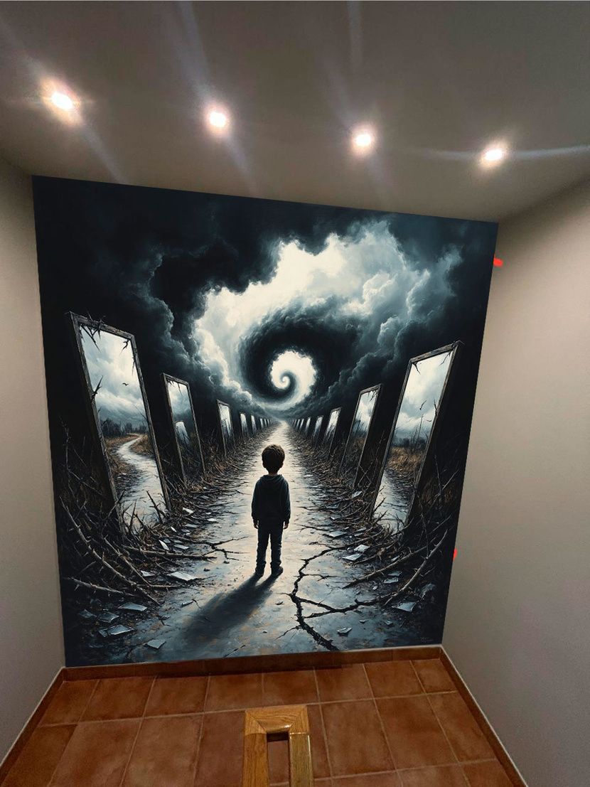 "Путь сквозь осколки, тени и разбитые мечты. Ребёнок, подросток, взрослый — всё тот же, но идущий вперёд. Свет в конце — не иллюзия. Это выбор: не останавливаться, несмотря на боль и манящую иллюзию. Иди. Свет — твой шанс. Потому что ты есть." Мотивационный рисунок на лестничных пролетах