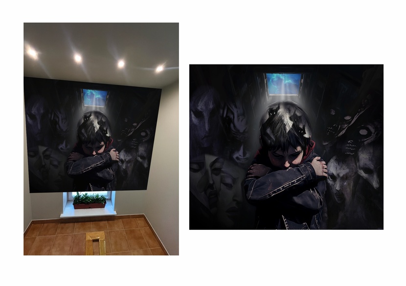 Совсем не радужная история. Грустная, почти бесперспективная, словно одинокая война. Физическая, умственная борьба. Образы в голове, мысли, родители, окружение - все это давящая атмосфера сквозь которую придется пройти. А ведь есть где-то свет...Хоть мы его можем и не увидеть сразу. Малыш иди к свету, сквозь тернии к звездам. Мотивационный рисунок на лестничных пролетах