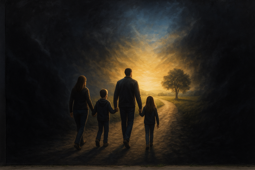 Семья идет по дороге, зажатой тьмой, как между страхами, сомнениями, прошлым. Впереди свет и надежда. Мотивационный рисунок на лестничных пролетах