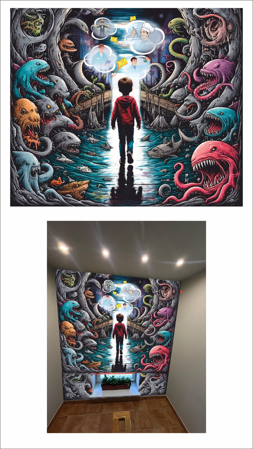 Добрый день!
Ребенок идет по темному тоннелю, полному монстров-недугов. Коридор длинный, но в конце портал в светлый мир, который несет полное исцеление и возможность жить полноценной жизнью, имея профессию, семью и будущее.. Мотивационный рисунок на лестничных пролетах