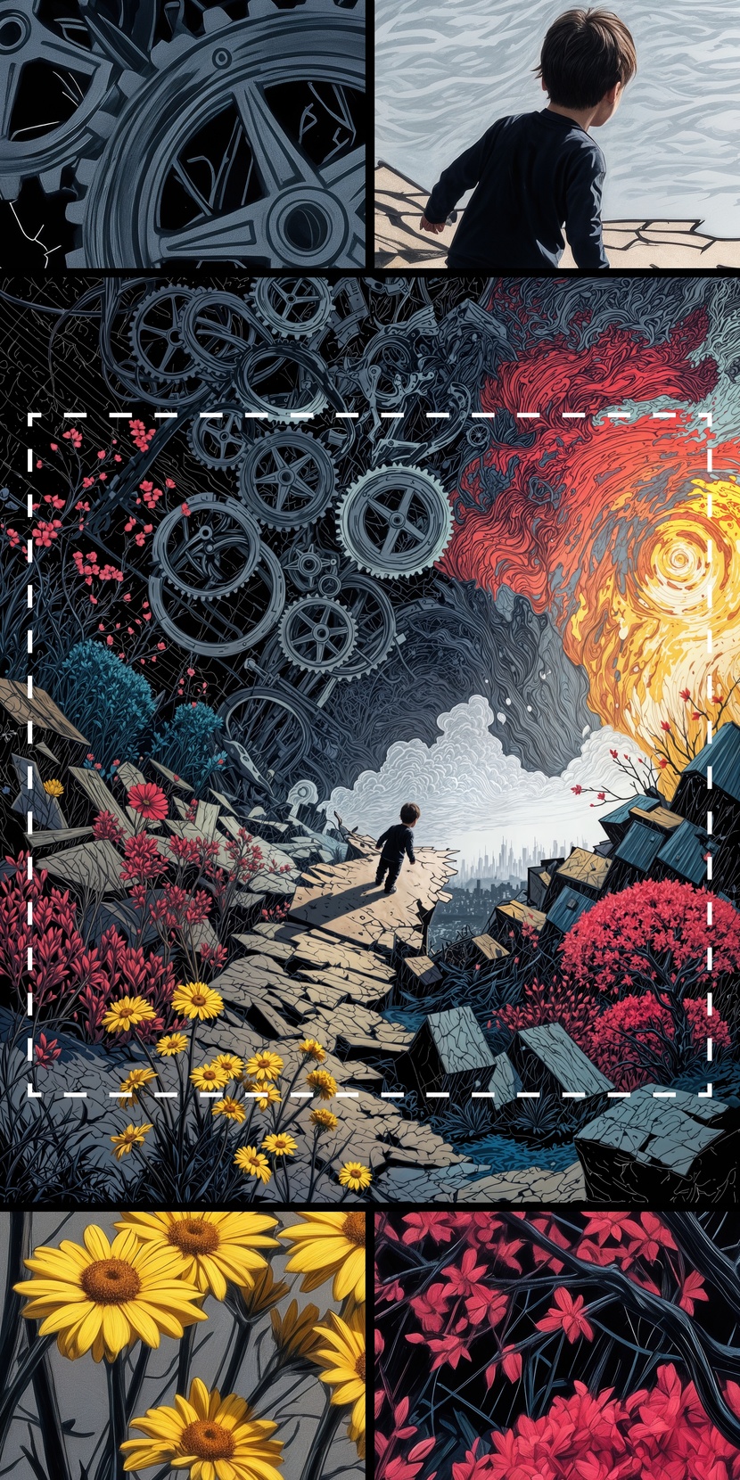 — Ребенок на узкой разрушающейся каменной тропинке: Сам ребенок, его трудный и опасный путь.
— Темный ландшафт (сломанные шестерёнки, разбитые камни, колючие лианы): Хаос ментальных и неврологических нарушений (сломанные механизмы = мозговые функции, головоломки = когнитивные процессы, колючки = боль и саморазрушение).
— Яркое солнце и город Порядка: Цель — здоровье, ясность ума, полноценная, "цветущая" жизнь.
— Контраст темного и светлого: Визуальное противопоставление "ада" и "света". Мотивационный рисунок на лестничных пролетах