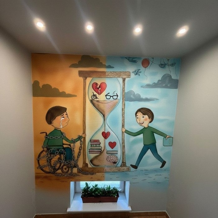 Идею оставила, добавила больше смысловой нагрузки, усилила эмоцию страха, печали, усталости от недуга. выбрала стилистику "детского рисунка" так как наивный детский рисунок делает пространство дружелюбнее и предсказуемее для детей с тяжелыми формами недуга, мягкие и простые формы формируют ощущения "здесь безопасно" перед процедурами. Смысл "долго, трудно но возможно" хорошо читается через визуальные метафоры. Мотивационный рисунок на лестничных пролетах