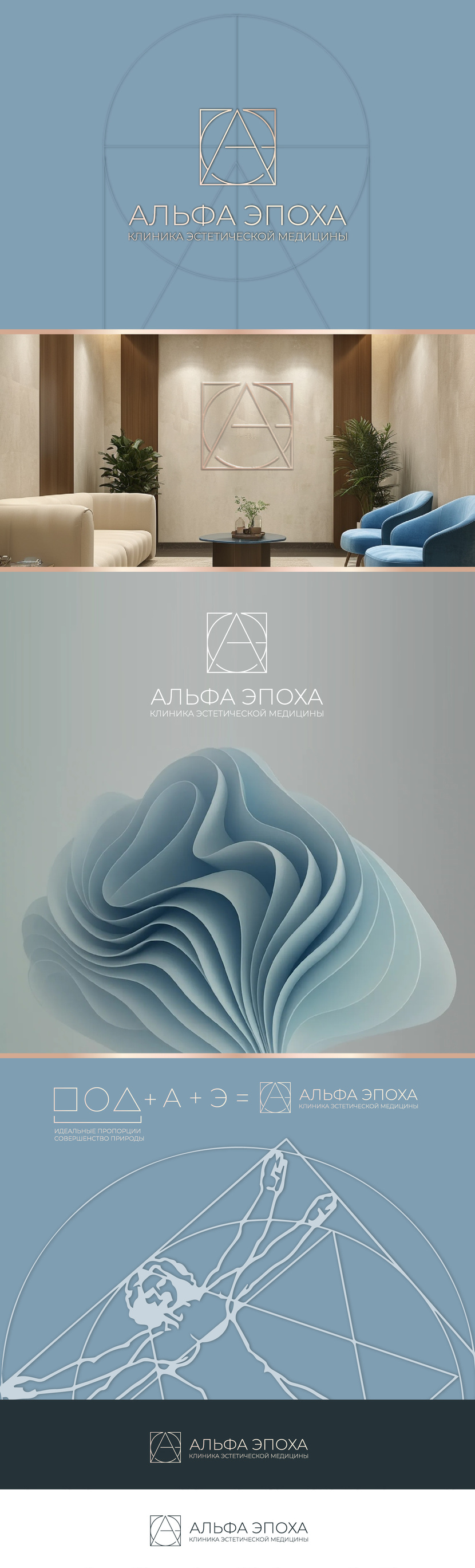 В логотипе переданы идеальные формы и пропорции, и на основе их построены буквы А,Э. Лого и начертание названия для клиники эстетической медицины