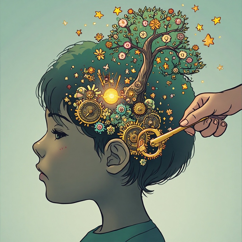 Стилизованное изображение головы ребенка в профиль. Внутри голова — это не анатомический мозг, а сложный, замысловатый, но красивый механизм, похожий на часы или уникальный заводной аппарат. К этому механизму тянется рука родителя, которая вставляет в него золотой ключ. В момент поворота ключа механизм оживает: шестеренки начинают светиться изнутри, по проводам бежит энергия, и из головы "вырастает" яркое дерево, чьи ветви уходят вверх, а на них распускаются цветы, сияют звезды или появляются символы талантов (кисть, нота, атом). Мотивационный рисунок на лестничных пролетах