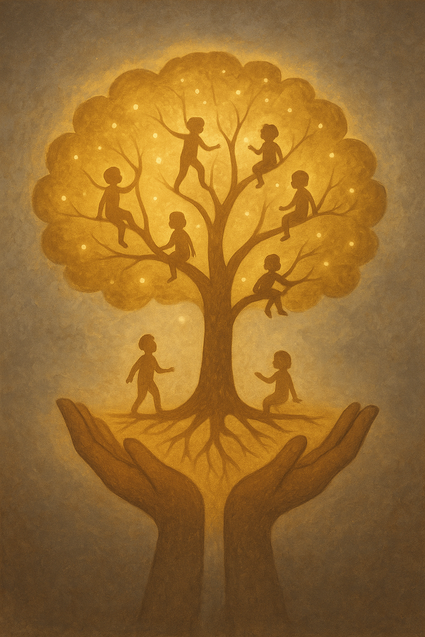 В корнях дерева или у основания — фигуры взрослых (родителей и врачей), передающих свет детям. Свет (в виде мягких светящихся шариков или линий) поднимается по стволу к ветвям, где дети ловят его, играют со светом. Символика: терапия как процесс передачи тепла, заботы, знаний — энергия идёт снизу вверх. Мотивационный рисунок на лестничных пролетах