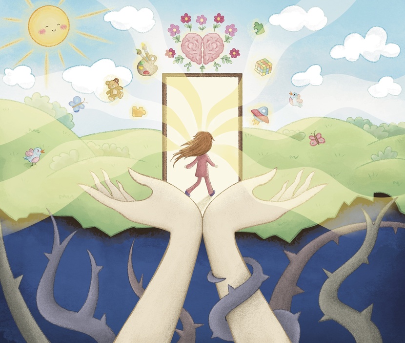 Иллюстрация отображает символический путь ребёнка, который, несмотря на трудности, идёт навстречу свету, надежде и жизни, полной возможностей. Из тёмных глубин, оплетённых колючими лозами-символами боли, испытаний, непонимания, предубеждений и ненависти, поднимаются большие поддерживающие руки. Эти руки олицетворение любви, заботы и веры родителей, которые помогают ребёнку подняться и сделать шаг вперёд на протяжении всего пути. Перед ребёнком открыта дверь, из которой льётся тёплый свет это символ надежды, раскрытия потенциала и внутреннего пробуждения. За дверью мир, наполненный радостью, жизнью, творчеством и новыми возможностями Мотивационный рисунок на лестничных пролетах