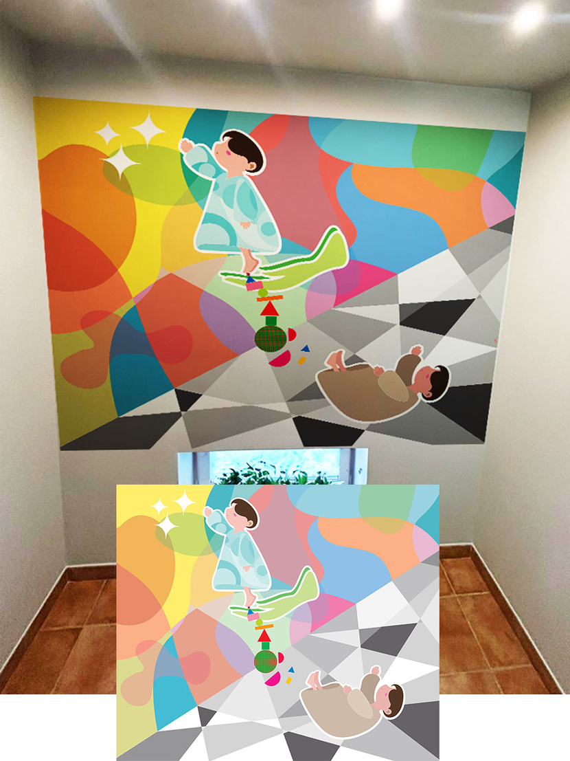 Здравствуйте, представляю вам свою работу по вашему запросу. Здесь представлено противопоставление ребенка, которого поддерживают родители и воспитатели в вашем центре и ребенка, который этого лишен. В первом случае у ребенка получится добится прогресса, т.е. достич звезд.

Из чего состоит работа:

1) Фон избражения частично ассоциируется с вашим логотипом. Можно, конечно,  по желанию сделать вертикальное отражение, но для динамичности лучше оставить наклонный вариант.

2) Игрушки, на которых стоит ребенок, похожи на игрушки из вашего центра, конечно, можно отрисовать другие отличительные вещи вашего центра. Равновесие нарушено специально, чтобы показать трудность на пути к звездам. 

3) Ребенок нарисован так, чтобы было непонятно девочка это или мальчик, при желании можно сделать другую одежду. Цвет кожи при желании можно изменить, чтобы подчеркнуть необычность ребенка, но мне показалось это излишним. Мотивационный рисунок на лестничных пролетах