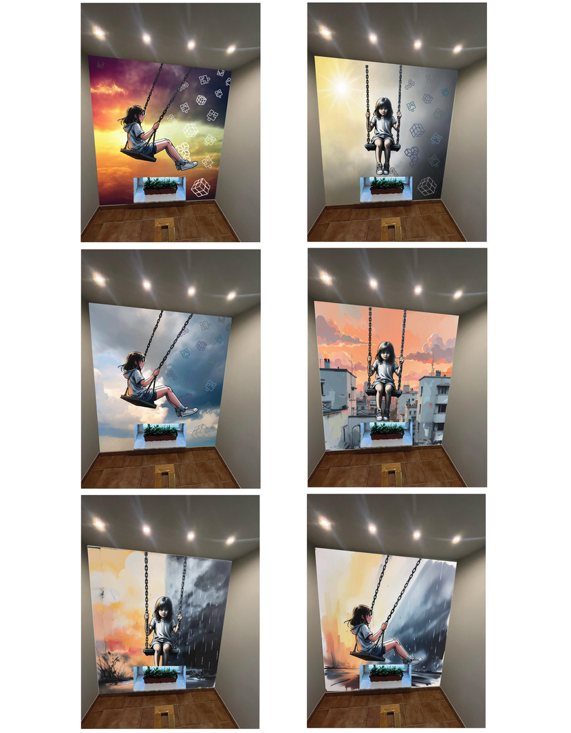 Девочка, сидящая на качелях, олицетворяет силу и решимость. Она уверенно держится за качели, что может быть метафорой для того, чтобы держаться за свои мечты и цели, несмотря на трудности. Фон символизирует бесконечные возможности и перспективы, что мотивирует зрителя стремиться к новым высотам и не бояться перемен, вдохновляет стремиться и не останавливаться на достигнутом.
Девочка, сидящая на качелях, окружённая облаками и головоломками. Текст гласит: "Каждый день - это новый шанс". Это послание направлено на то, чтобы вдохновить и мотивировать людей, напоминая им о том, что каждый новый день приносит с собой новые возможности и шансы на успех. Мотивационный рисунок на лестничных пролетах