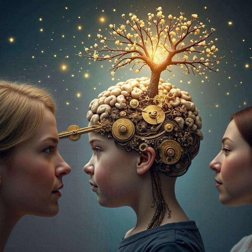 Доработанная работа. Стилизованное изображение головы ребенка в профиль. Внутри голова — это не анатомический мозг, а сложный, замысловатый, но красивый механизм, похожий на часы или уникальный заводной аппарат. К этому механизму мама ребёнка вставляет золотой ключ. В момент поворота ключа механизм оживает: шестеренки начинают светиться изнутри, по проводам бежит энергия, и из головы "вырастает" яркое дерево, чьи ветви уходят вверх, а на них распускаются цветы, сияют звезды . Так же рядом с ребёнком находится реабилетолог. Мотивационный рисунок на лестничных пролетах