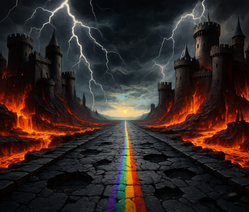 Тяжелый путь, который приводит к свету вместе с радугой, символом компани. Ощущение что радуге можно довериться и вместе с ней преодолеем этот тяжелый путь Мотивационный рисунок на лестничных пролетах