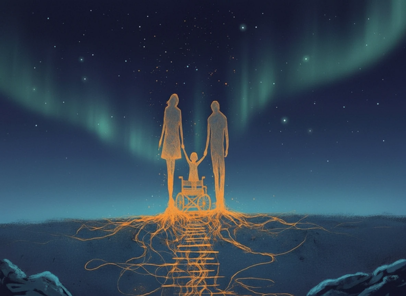 Это граффити показывает силу семьи, которая своим теплом и верой создаёт путь вперёд для ребёнка с особыми потребностями. Нити поддержки превращаются в дорогу к будущему, а над ними раскрывается небо надежды. Работа о том, что любовь, терпение и терапия способны вести к светлой, полноценной жизни Мотивационный рисунок на лестничных пролетах