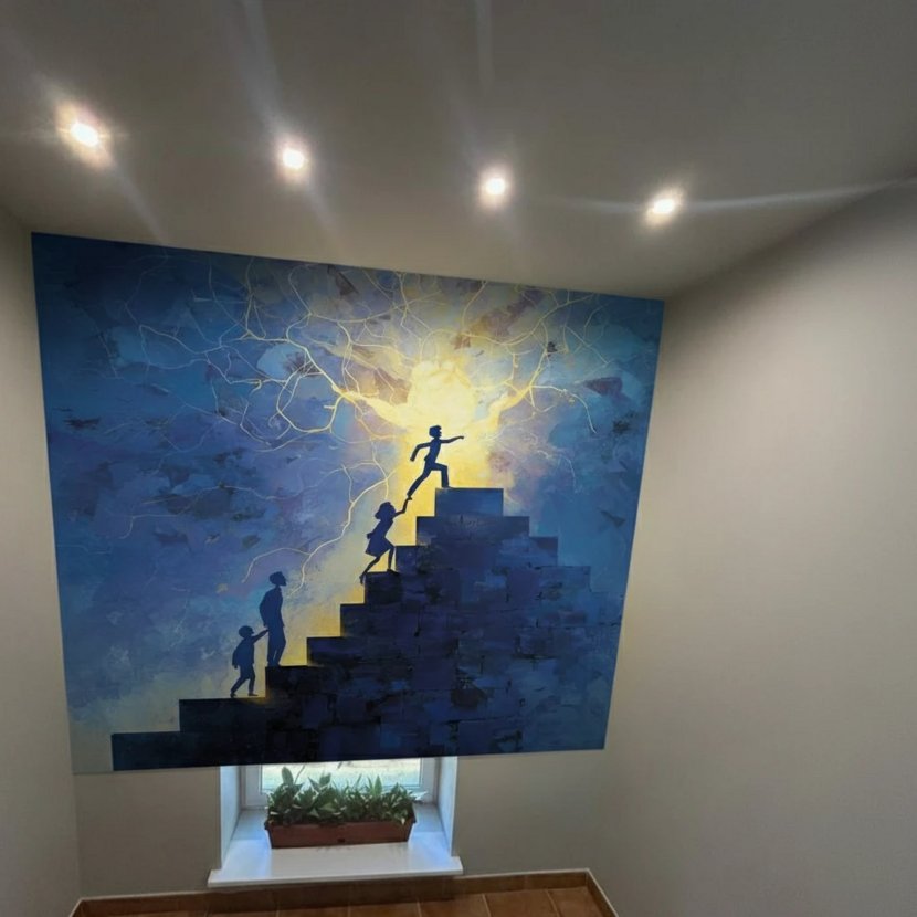 Это граффити — метафора пути семьи, где каждый шаг ребёнка становится возможным благодаря поддержке близких. Родители помогают подняться выше, а свет впереди символизирует будущее, которое раскрывается через терапию, усилия и веру. Работа о том, что вместе можно преодолеть любое препятствие и привести ребёнка к его собственному свету и успеху Мотивационный рисунок на лестничных пролетах