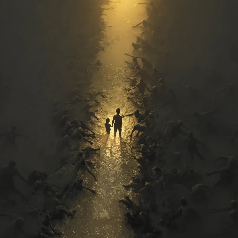 Граффити показывает путь ребёнка и родителя сквозь тьму. Рядом тени страха, боли и саморазрушения цепляются за них, делая путь тяжелее. Но пока жива вера, свет надежды освещает дорогу к исцелению и светлой жизни Мотивационный рисунок на лестничных пролетах