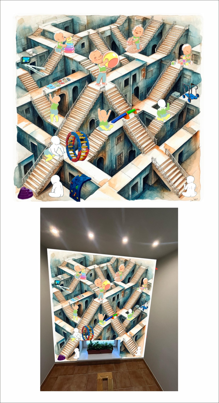 Добрый день!
Идея работы в следующем:
Ребенок (белого цвета) на начальном этапе на путик исцелению, проходя путь через лабиринт начинает наполнятся красками - посыл к полноценной жизни.
На самом верху это уже полноценный ребенок, который готов к дальнейшей жизни без недугов. Мотивационный рисунок на лестничных пролетах