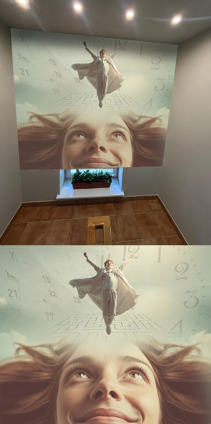 Добрый день! Предлагаю свою концепцию граффити. Любящие глаза смотрят на своего ребенка. который возвышается над лабиринтом на фоне "времение". Что может быть лучше улыбки, которую встречаешь на своем пути? Мотивационный рисунок на лестничных пролетах