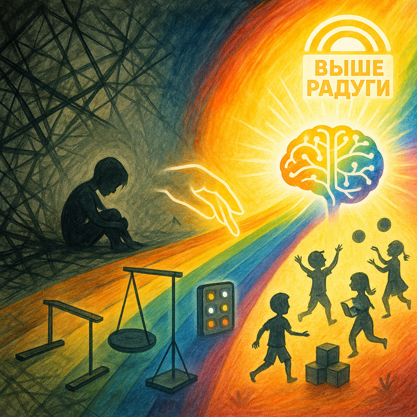 Рисунок "Из Тени Хаоса к Сиянию Радуги" показывает героический путь ребенка от глубин отчаяния и внутренних барьеров, символизируемых темным, запутанным миром. Сияющая рука и профессиональные инструменты центра "Выше Радуги" (балансиры, сенсорные панели) прокладывают радужный мост, по которому происходит коррекция и прорыв. Результат – расцветающее сознание и счастливая, здоровая жизнь, где дети обретают радость общения и достигают вершин своего потенциала, возносясь "Выше Радуги Мотивационный рисунок на лестничных пролетах