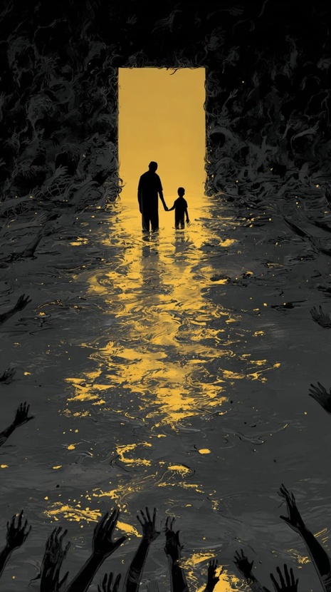 Рисунок показывает тяжёлое и героическое путешествие семьи сквозь мрак ненависти, непринятия и саморазрушения к свету исцеления. Силуэты взрослого и ребёнка, шагающие рука в руке к яркому выходу, символизируют поддержку и решимость; тёмные руки по краям — барьеры, страхи и внутренний хаос, от которых помогает освободиться профессиональная работа центра. Образ коротко и мощно говорит: путь труден и редок, но с терпением, знаниями и целенаправленной реабилитацией можно пройти из тьмы в светлую, полноценную жизнь. Мотивационный рисунок на лестничных пролетах