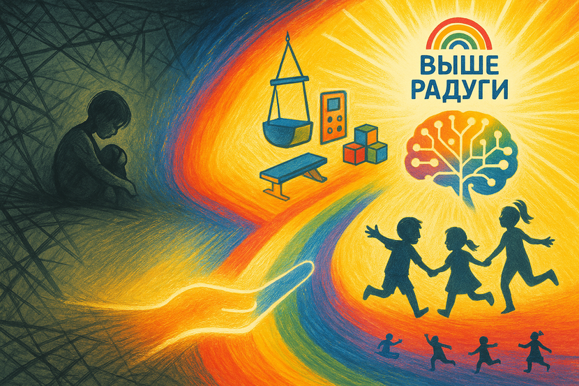 Рисунок  показывает героический путь ребенка от глубин отчаяния и внутренних барьеров, символизируемых темным, запутанным миром. Сияющая рука и профессиональные инструменты центра "Выше Радуги" (балансиры, сенсорные панели) прокладывают радужный мост, по которому происходит коррекция и прорыв. Результат – расцветающее сознание и счастливая, здоровая жизнь, где дети обретают радость общения и достигают вершин своего потенциала, возносясь "Выше Радуги" Мотивационный рисунок на лестничных пролетах