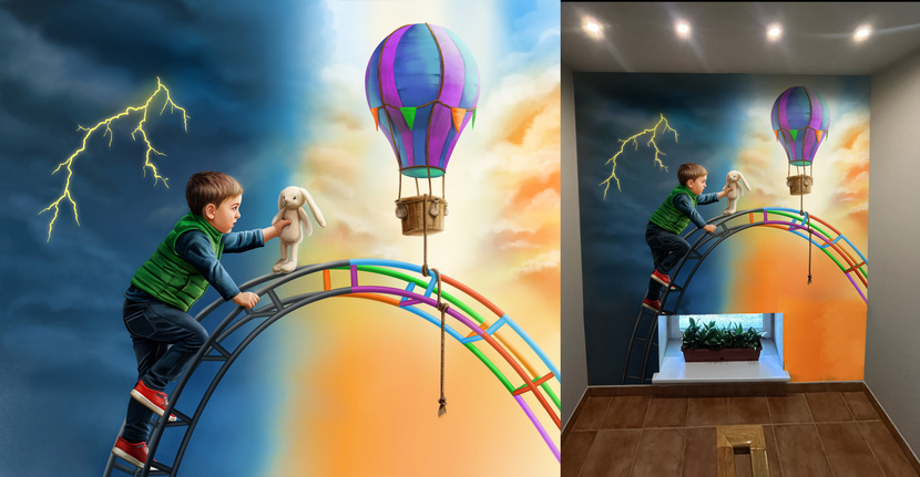 Художественная иллюстрация. Ребенок идущий по детской лестнице с игрушечным зайцем, символизирует родителей и путь проходящий вместе. Воздушный шарик символизирует будущее. Мотивационный рисунок на лестничных пролетах