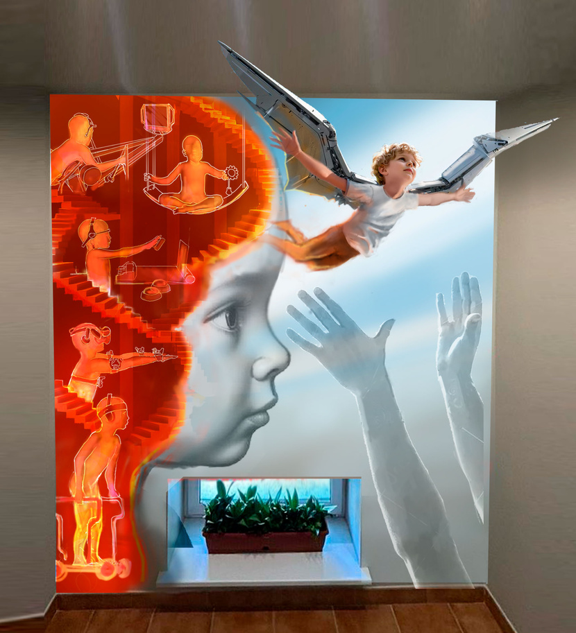 Попытался объединить первоначальную идею с последующими вашими задачами....создание "мучительного пути" и , отображение специфики применяемого оборудывания.   Плохо, что нет обратной связи....есть вопросы.  Чтоб аппаратура считывалась, пришлось голову увеличить, увеличив рисунки внутри головы. Мотивационный рисунок на лестничных пролетах