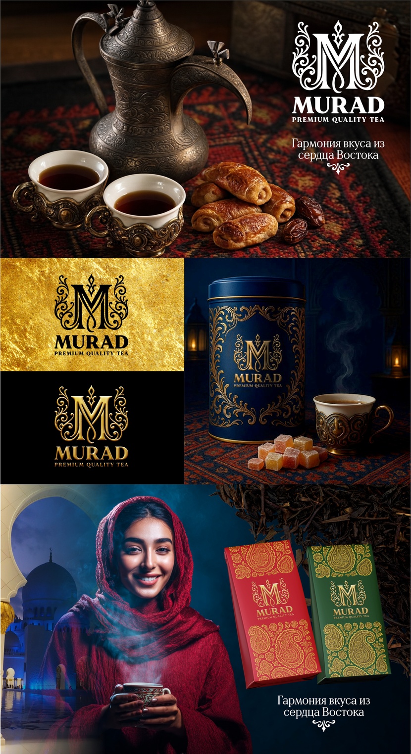 MURAD - Гармония вкуса из сердца Востока.
Премиальный чай MURAD как олицетворение традиций и гостеприимства Востока. Создание премиального логотипа для торговой марки MURAD (чай в подарочной упаковке)